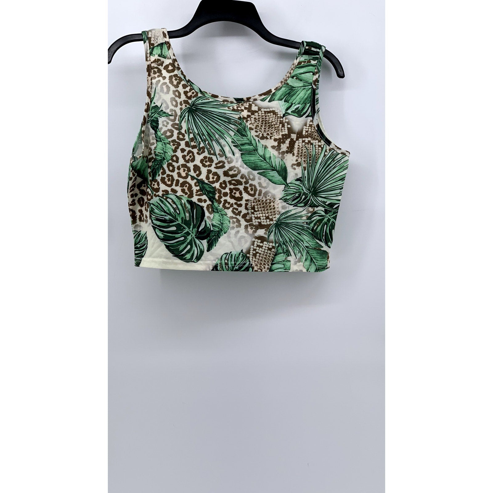 UNBRANDED Women's White-Green Tropical Print 2-Pc Skirt Tank Set SZ L/XL