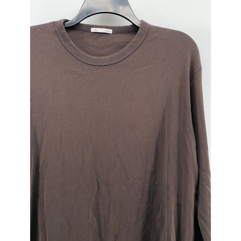 GU Men's Dark Brown Ribbed Crewneck Washed Slim-Fit Long Sleeve T-Shirt SZ L