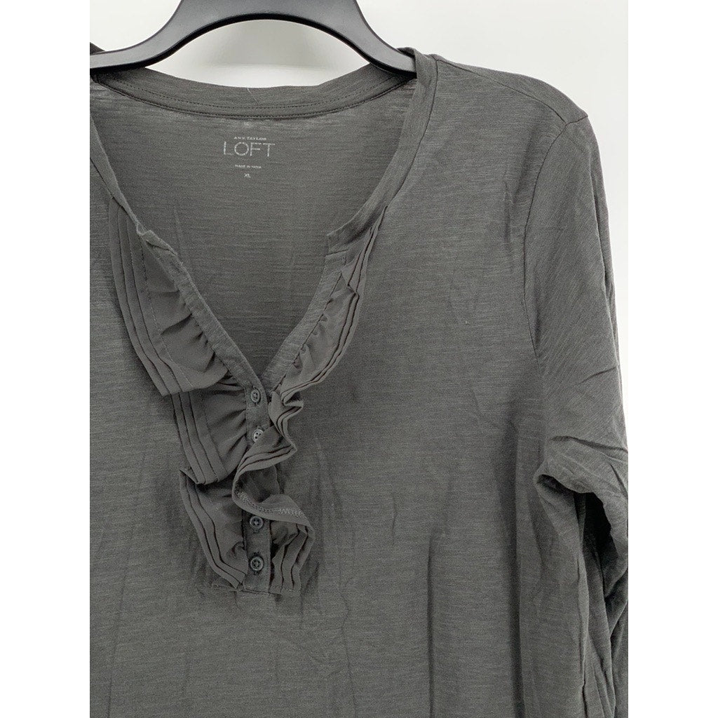 ANN TAYLOR LOFT Women's Charcoal Ruffle V-Neck Long Sleeve Top SZ XL
