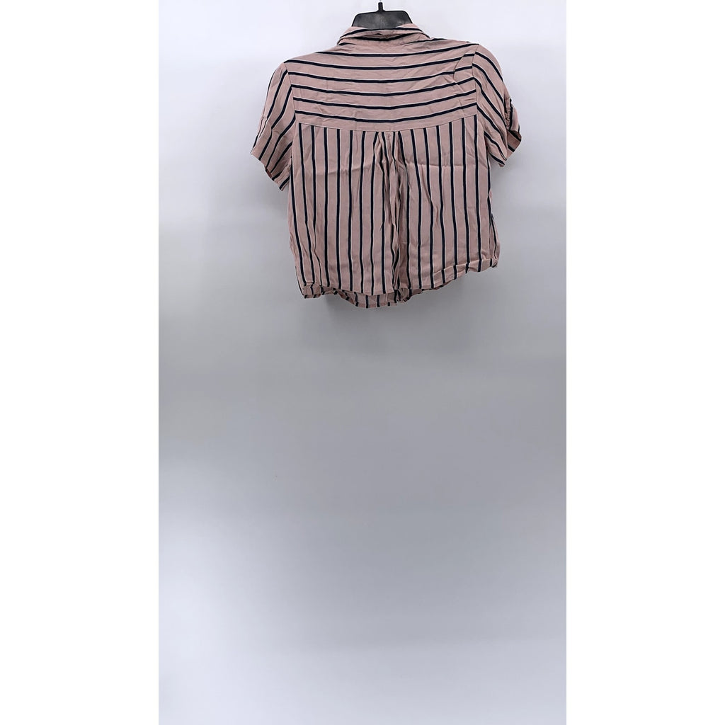 BERSHKA_BSKGIRL Women's Pink-Blue Striped Button-Up Short Sleeve Top SZ M