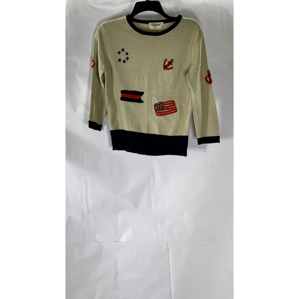 TATYANA Women's Tan-Navy Vintage Patriotic Embroidered Knit 90's Sweater SZ L