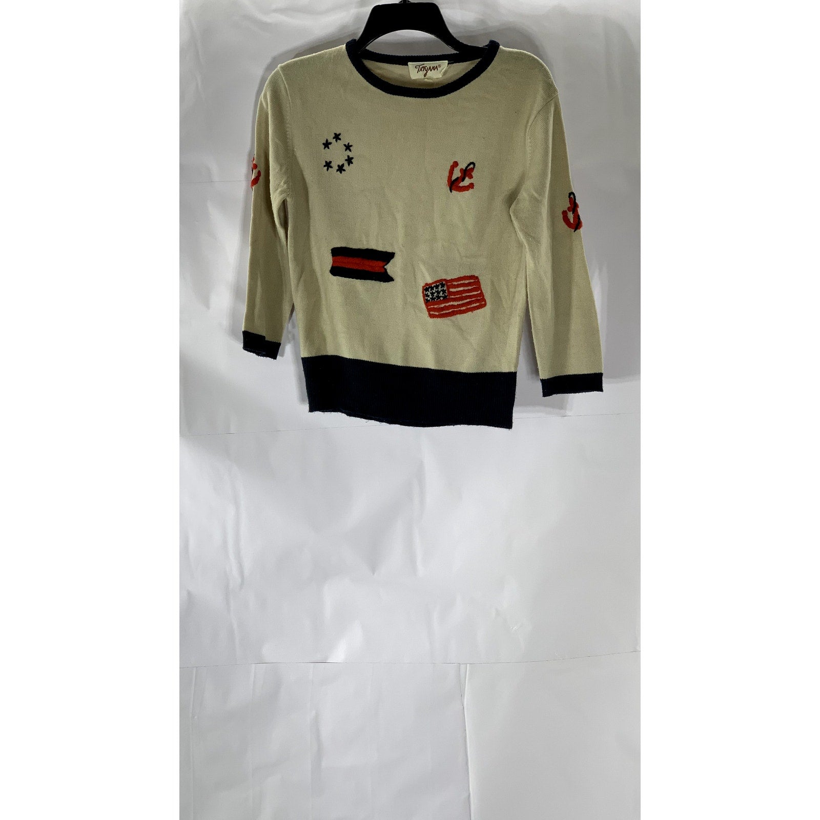 TATYANA Women's Tan-Navy Vintage Patriotic Embroidered Knit 90's Sweater SZ L