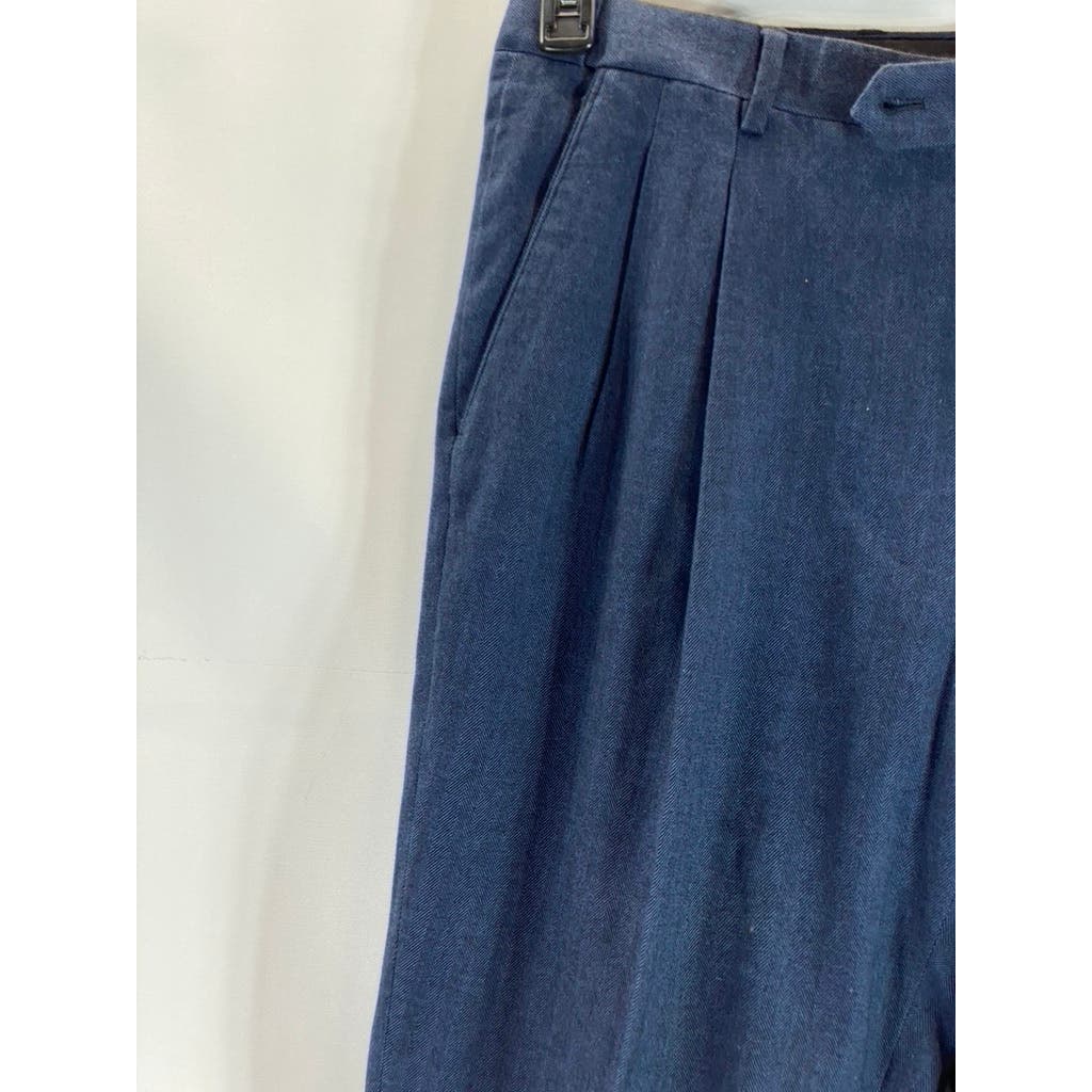 PAUL FREDRICK Men's Navy Cotton Stretch Classic-Fit Pleated Cuffed-Hem Pant SZ35