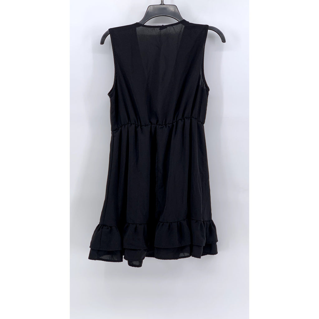 SHEIN Women's Black V-Neck Sleeveless Ruffle-Hem Knee Length Dress SZ 6