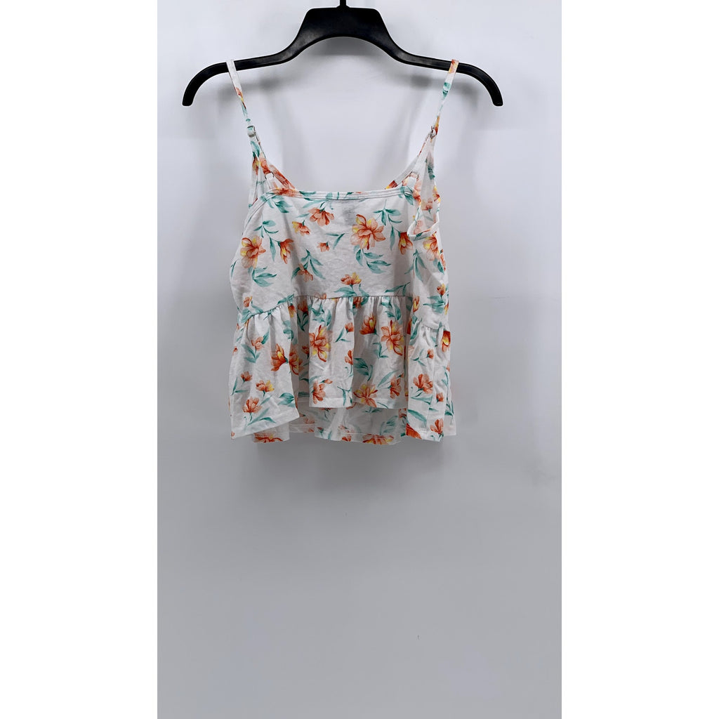 FOREVER 21 Women's White Floral V-Neck Ruffle Tank Top SZ S
