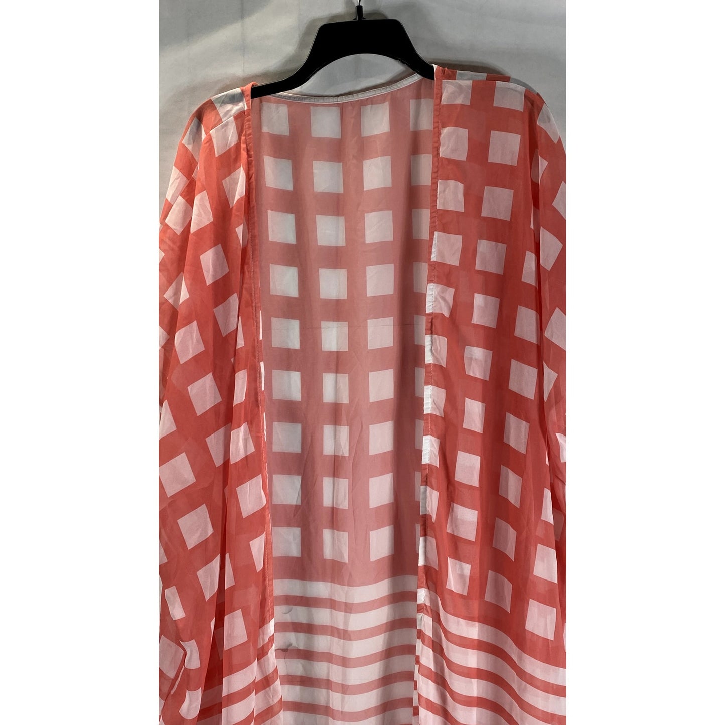 Women's Red/White Square-Striped Printed Ruffle-Hem Open-Front Cardigan SZ OS