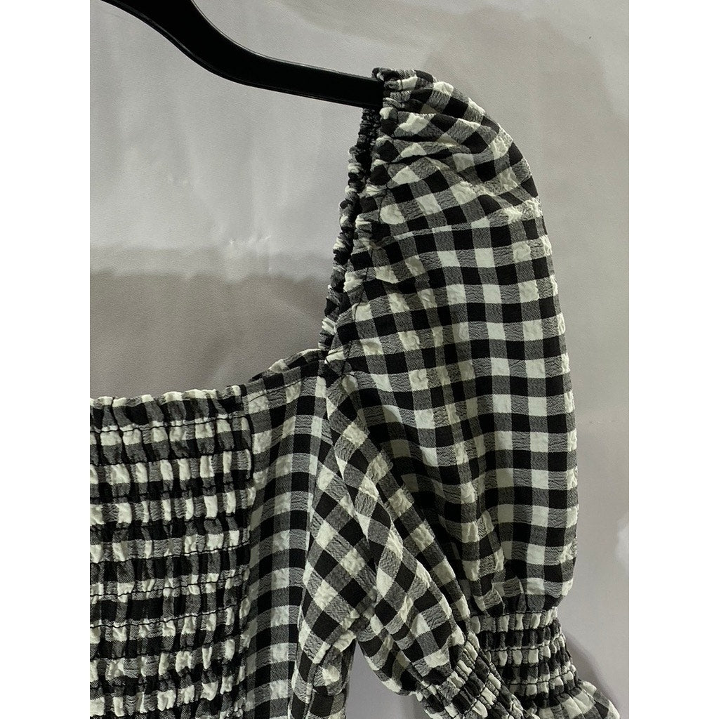 DIVIDED By H&M Women’s Black-White Checkered Sweetheart Neck Puff Crop Top SZ S