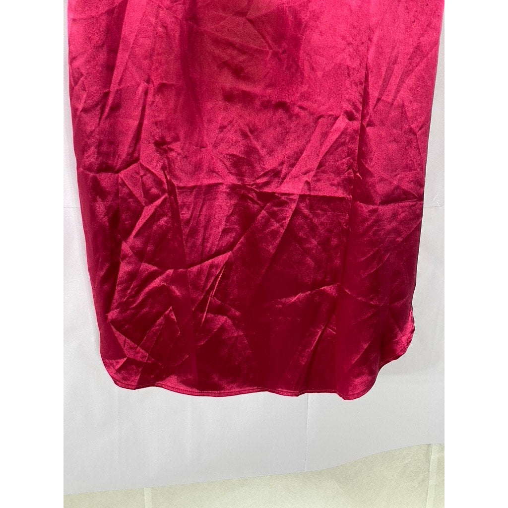 SHEIN Women's Dark Pink Satin Button-Up Long Sleeve Maxi Relaxed-Fit Dress SZ XS