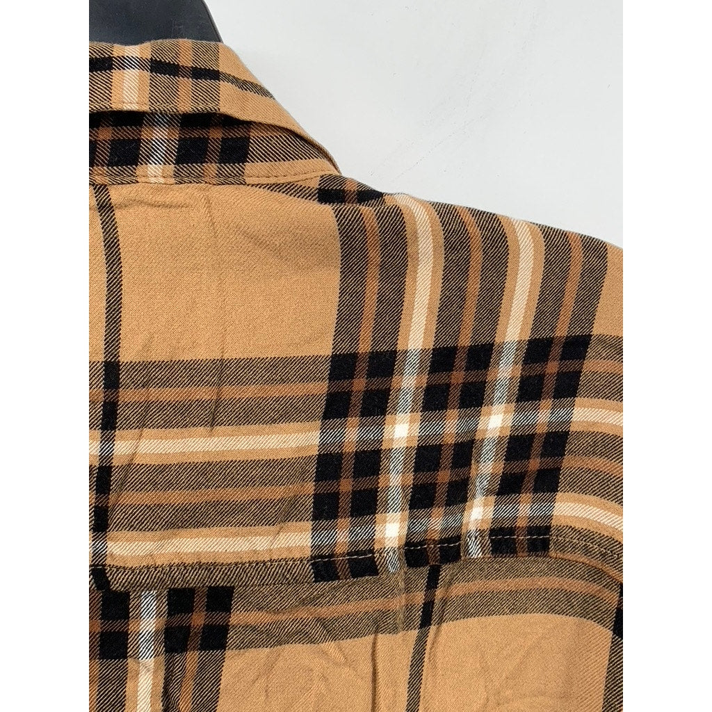 H&M Men’s Tan-Black Plaid Button-Up Regular Fit Shirt SZ M