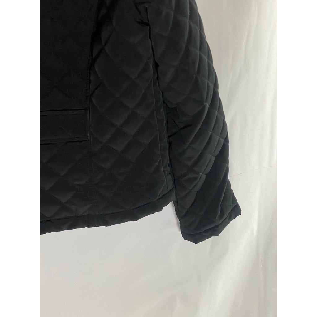 CALVIN KLEIN Women's Black Diamond Quilted Zip-Up Faux-Fur Hood Jacket SZ M