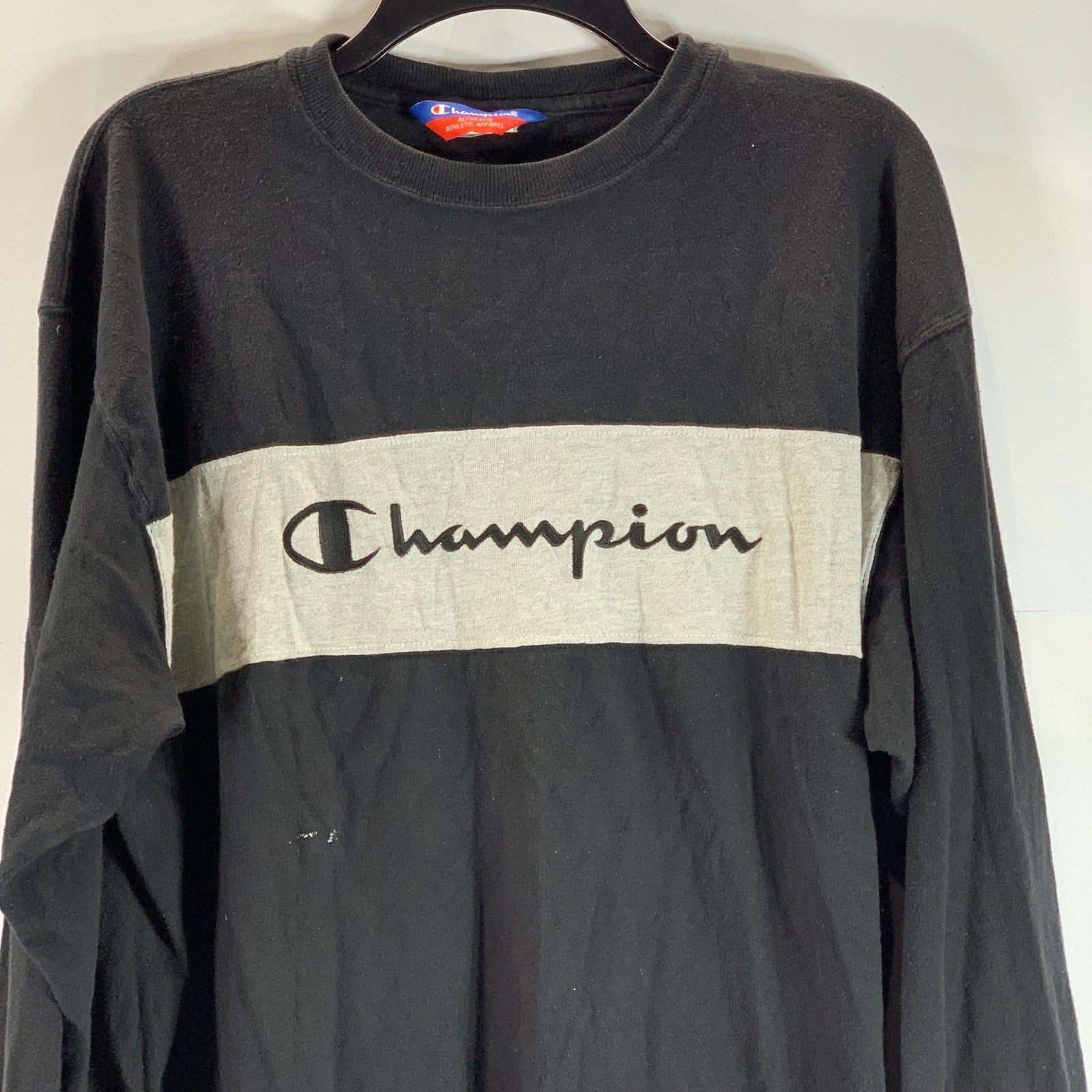 CHAMPION Authentic Men's Black Script Logo Crewneck Long Sleeve T-Shirt SZ L