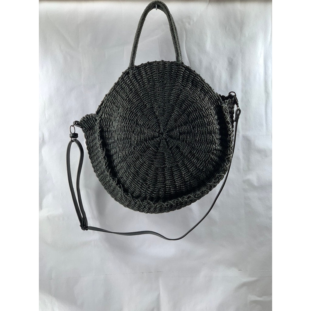 ABERCROMBIE & FITCH Women's Black Straw Woven Round Snap-Button Tote Bag
