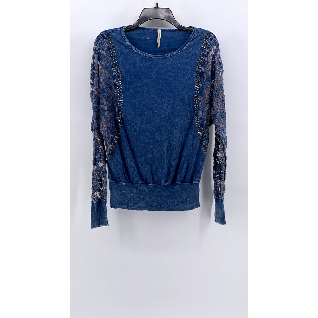 AMERICAN AGE Women's Blue Lace Long Sleeve Studded Top SZ M