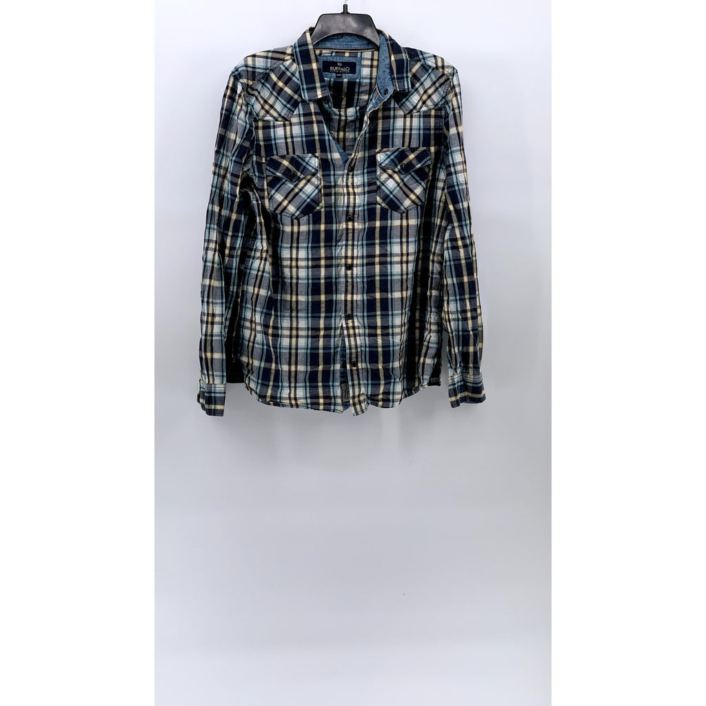 BUFFALO DAVID BITTON Men's Blue Plaid Button-Up Long Sleeve Cotton Shirt SZ M