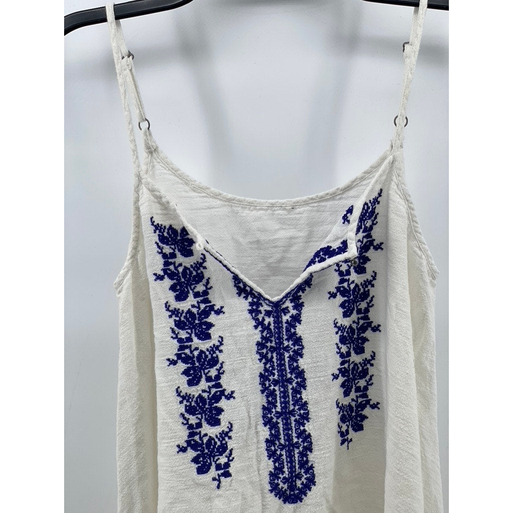 FOREVER 21 Women's White-Blue Embroidered Fringe Asymmetrical Tank SZ S