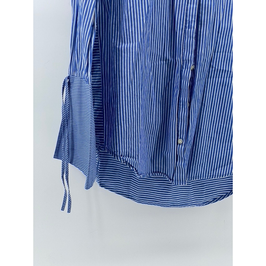 LOFT Women's Blue-White Striped Button-Up Round-Hem Long Sleeve Top SZ S