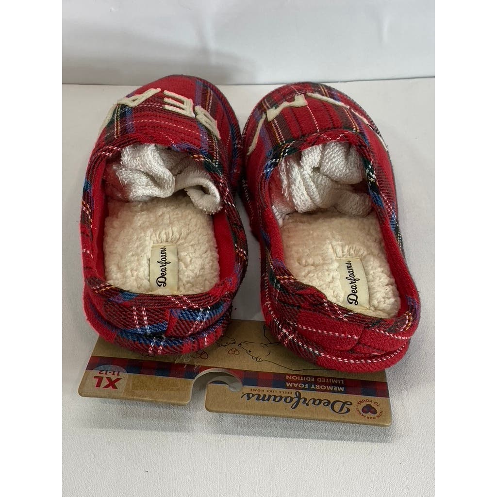 DEARFOAMS Women's Red Plaid Mama Bear Logo Clog Slippers SZ XL(11/12)