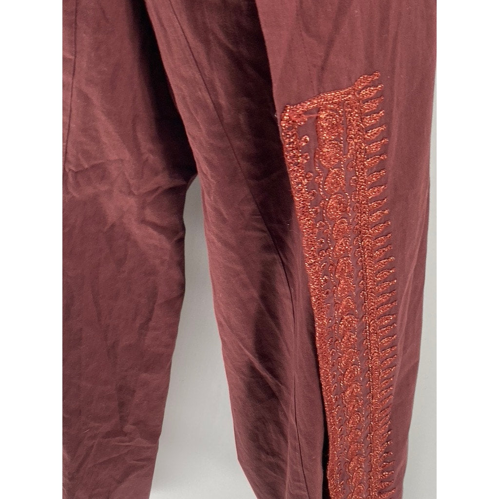 H&M Women's Burgundy Glitter Embroidered Trim Wrap Side Slit Pants 4