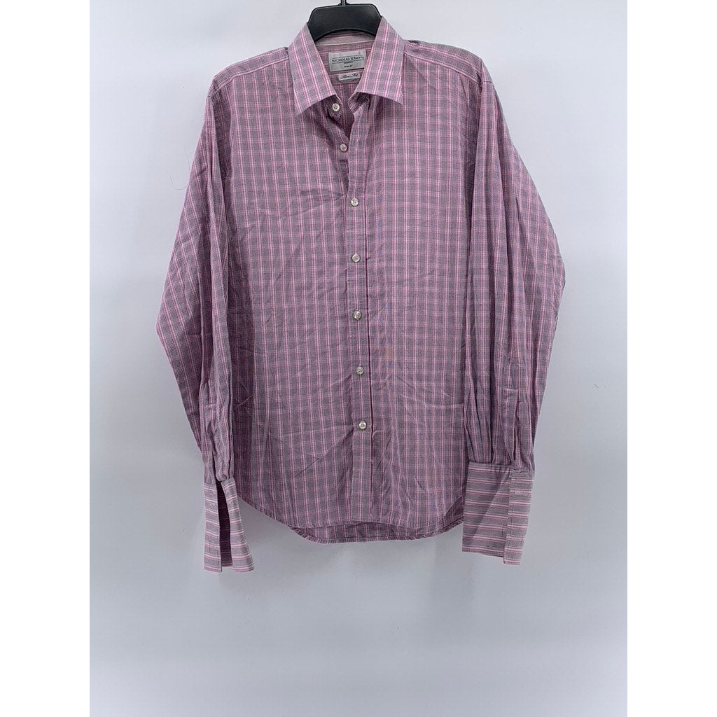 NICHOLAS JERMYN Men’s Pink Micro Plaid Slim-Fit Button-Up Long Sleeve Shirt SZ16