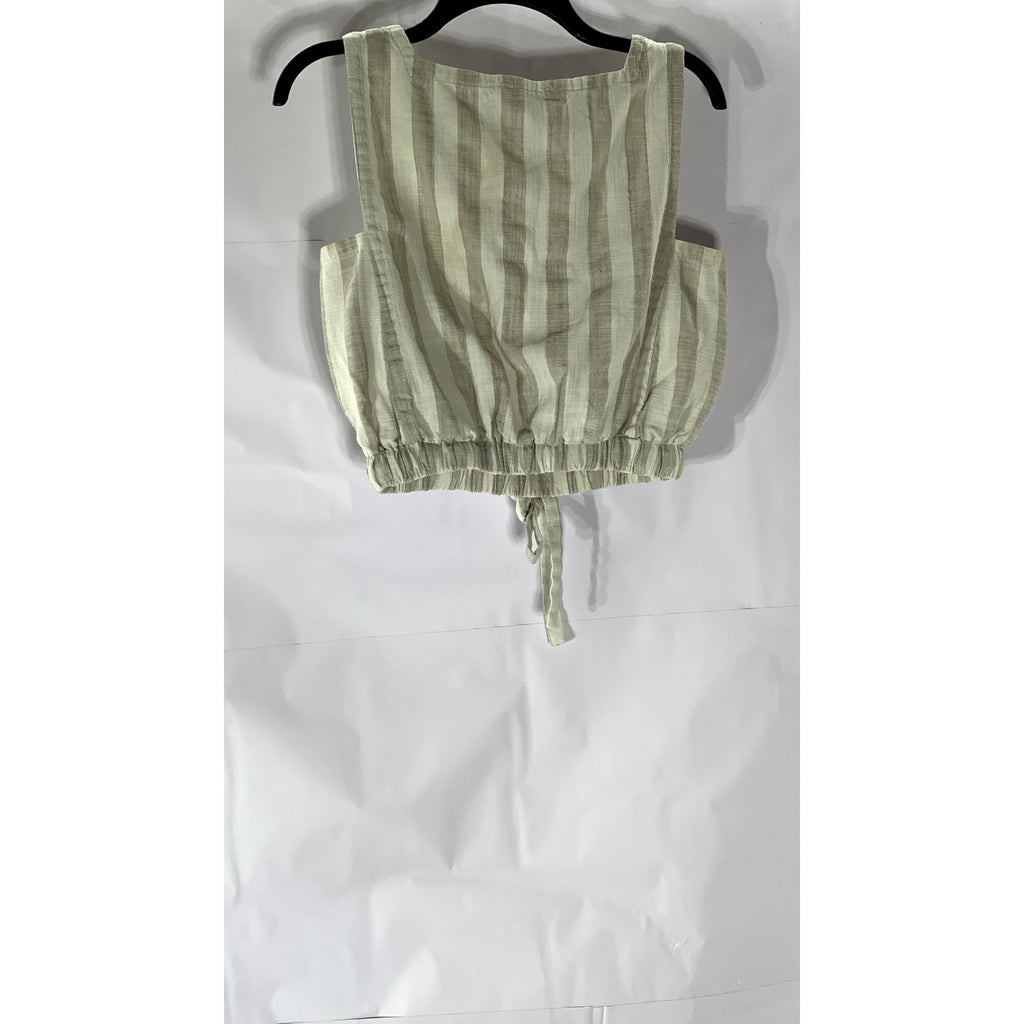 AZOE Women’s Cream-Beige Striped Square-Neck Tie-Hem Cropped Tank Top SZ S