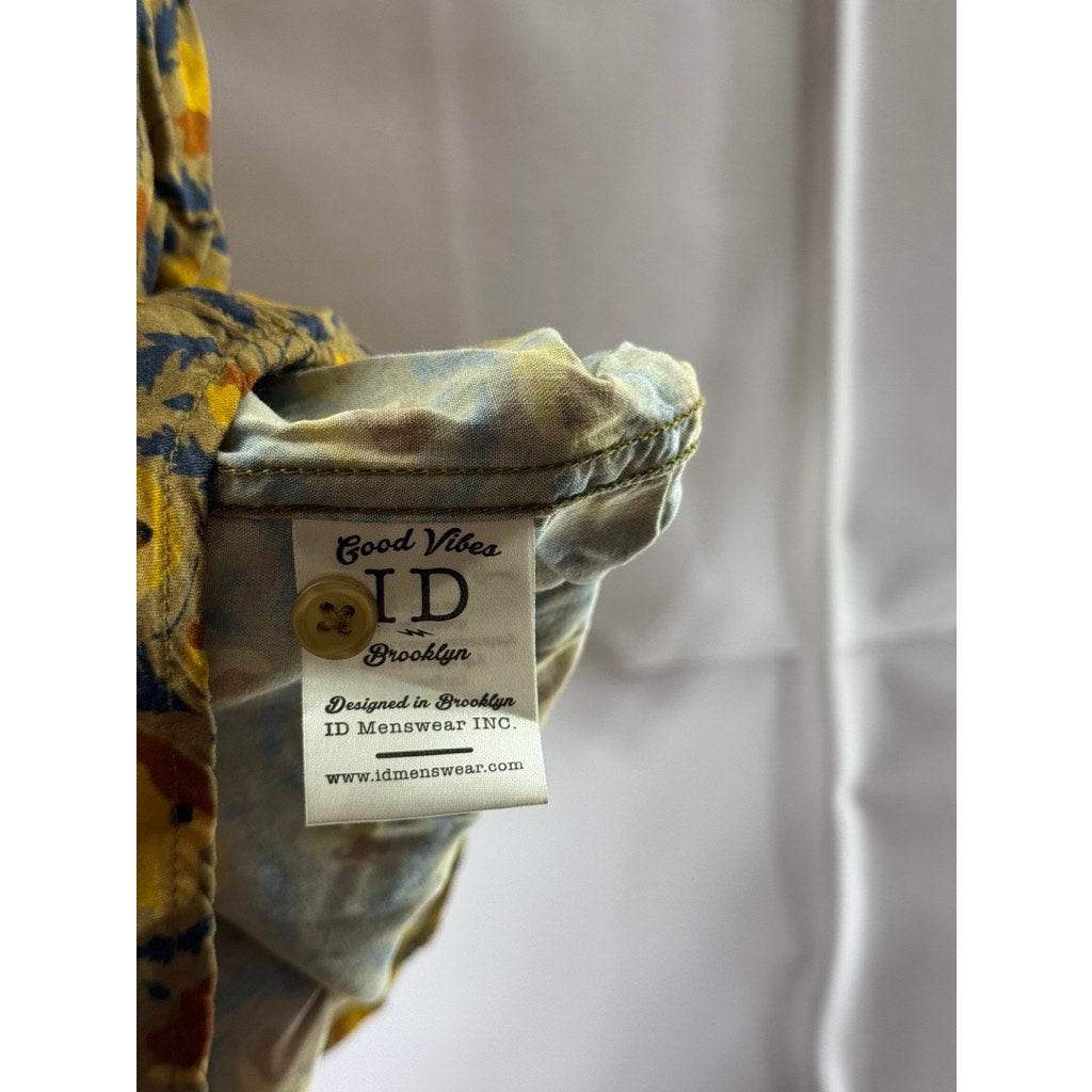 ID MENSWEAR Men's Yellow Printed Good Vibes Button-Up Short Sleeve Shirt SZ M