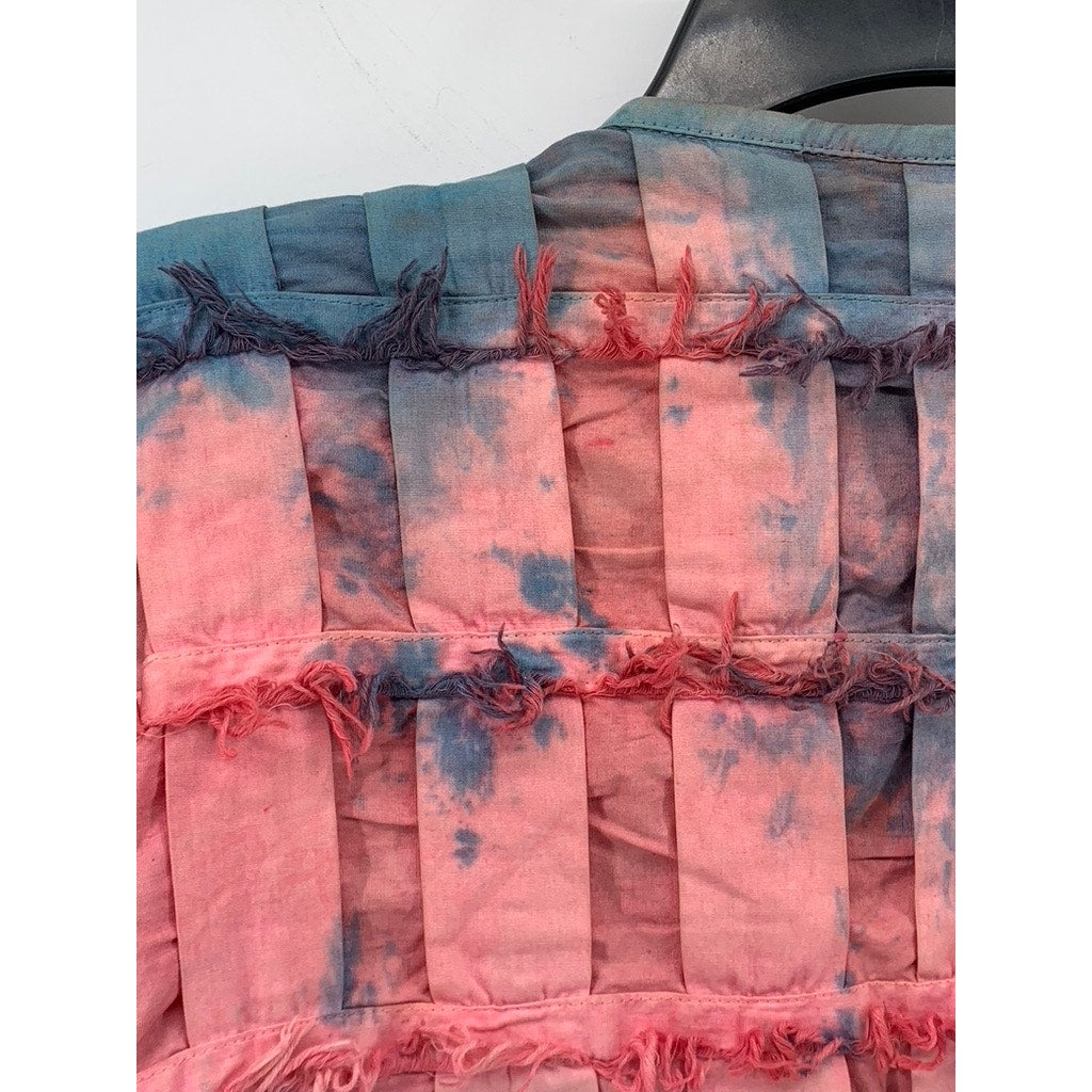 YAKMAGIK Women's Blue-Pink Textured Fringe Long Sleeve Open-Front Shirt SZ OS