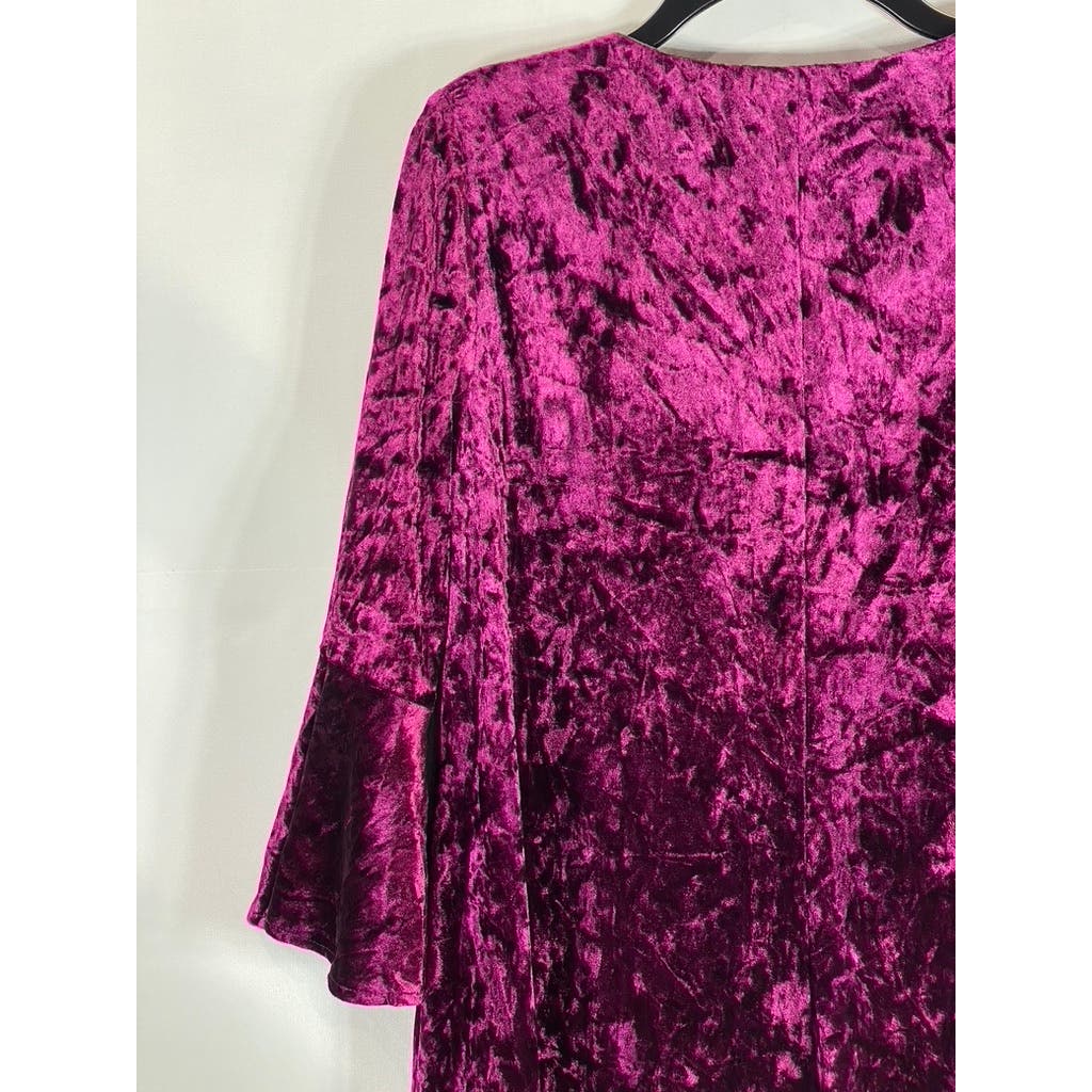 ELIZA J Women's Magenta Crushed Velvet V-Neck Bell Sleeve Mini A-Line Dress SZ16