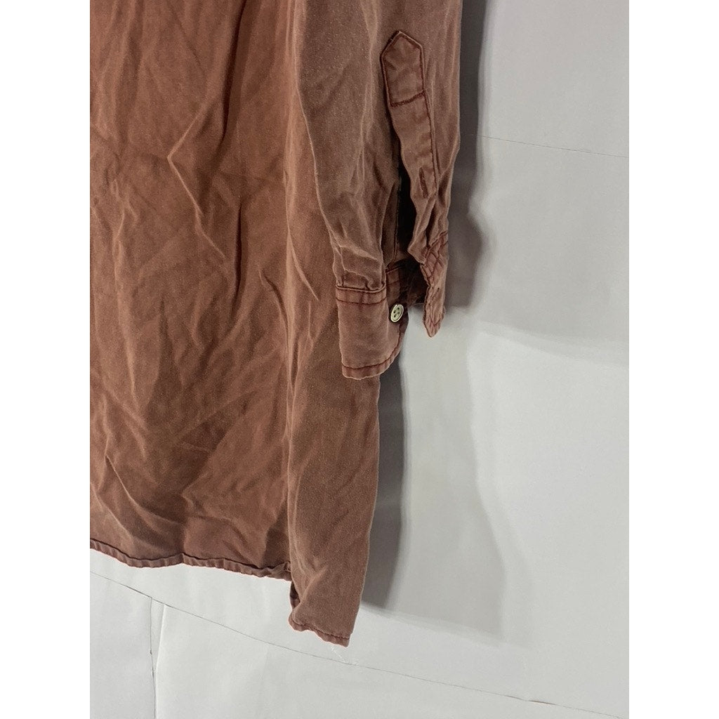 UNBRANDED Women's Burnt Orange Roll-Tab Long Sleeve Relaxed-Fit Henley Dress SZS