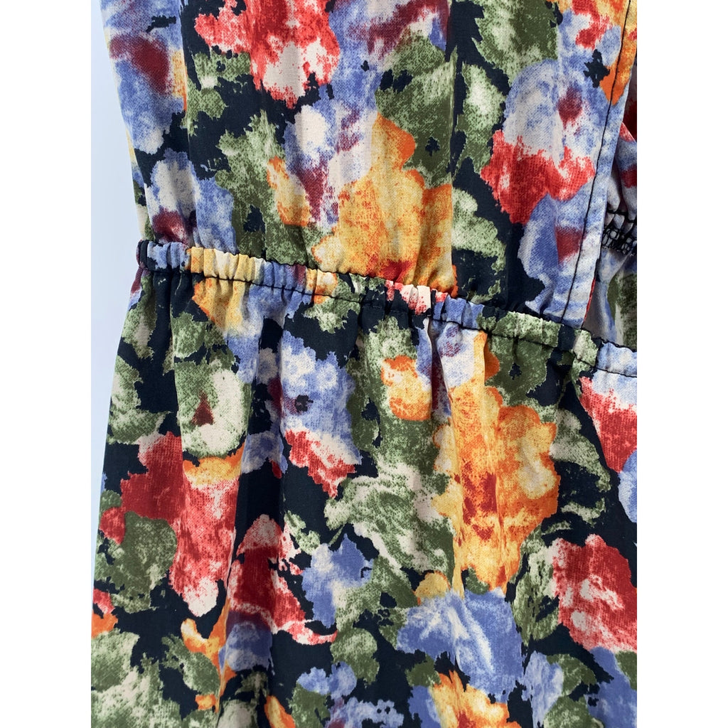 COINCIDENCE & CHANCE Women's Black Floral Surplice Neck Knee Length Dress SZ S