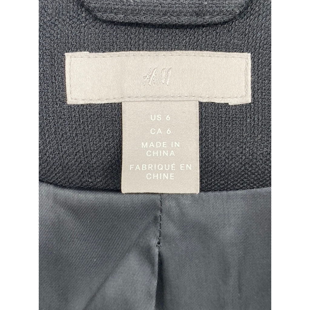 H&M Women's Black Solid Open-Front Long Ruched Sleeve Blazer SZ 6