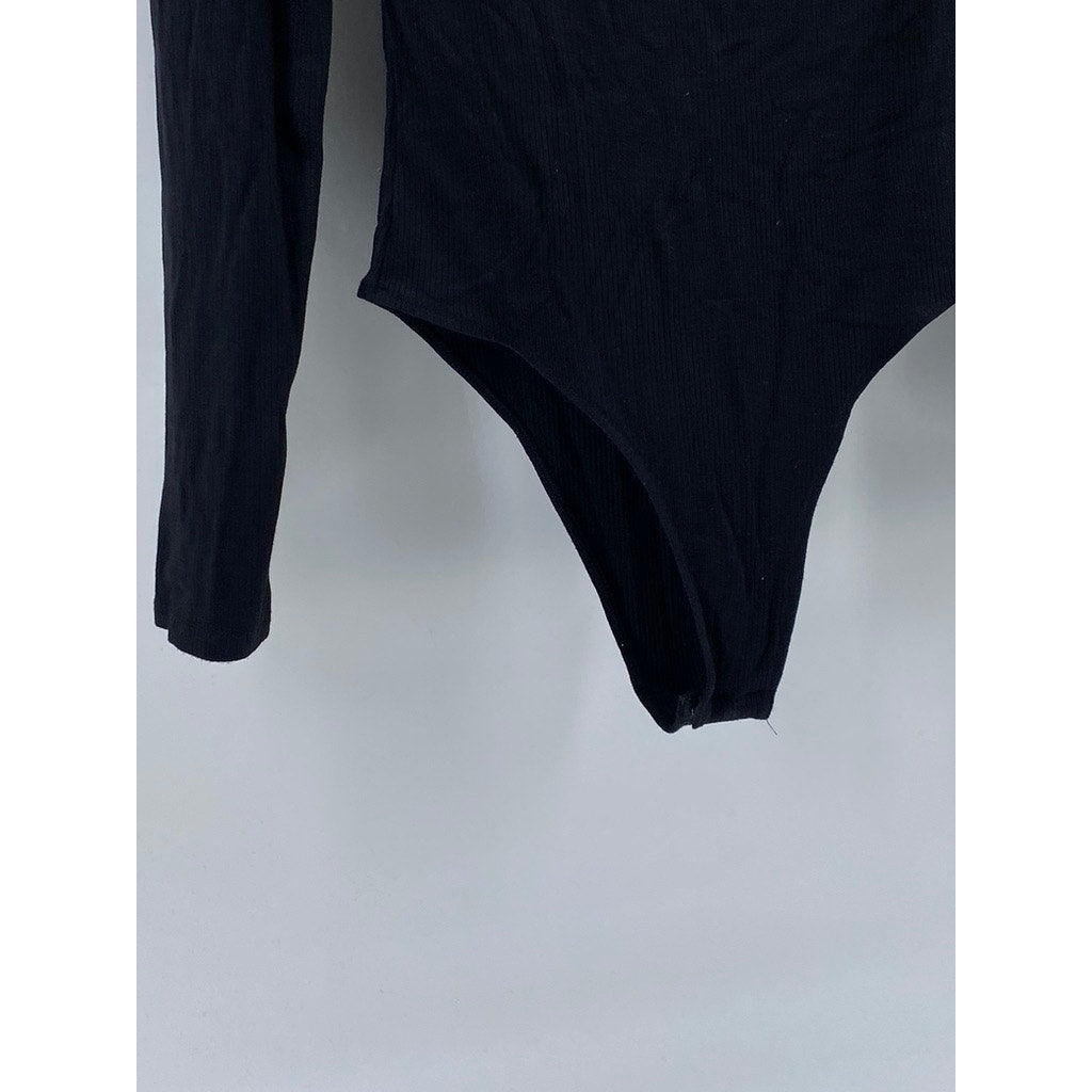 SHEIN Women's Black Ribbed Straight-Neck Long Sleeve Bodysuit SZ 6