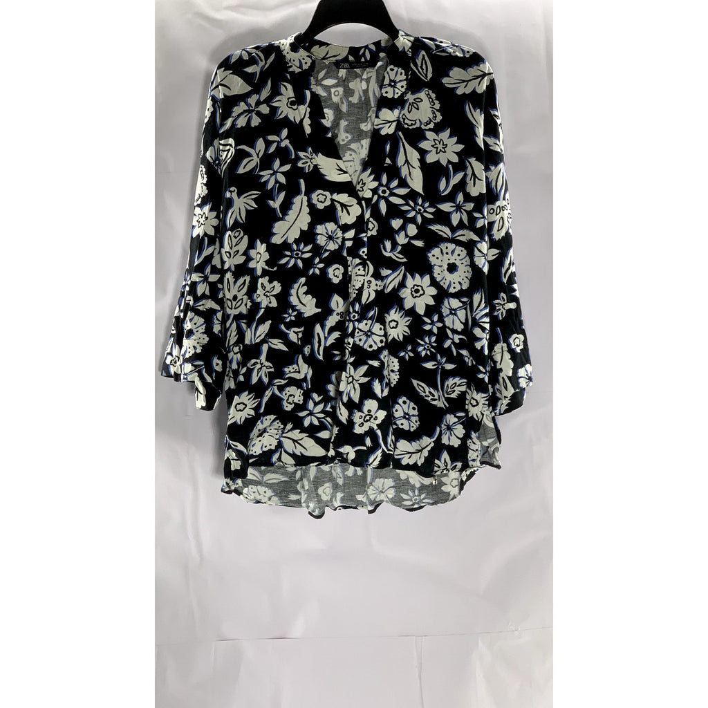 ZARA Women's Black/White Floral V-Neck Long Sleeve Tunic Top SZ S