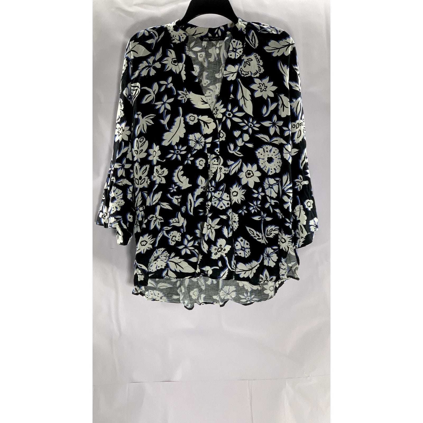 ZARA Women's Black/White Floral V-Neck Long Sleeve Tunic Top SZ S