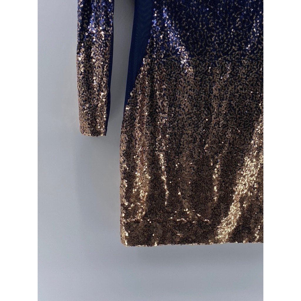 FASHION NOVA Women's Navy-Gold Ombre Sequin Dimmed With Smoke Mini Dress SZ S