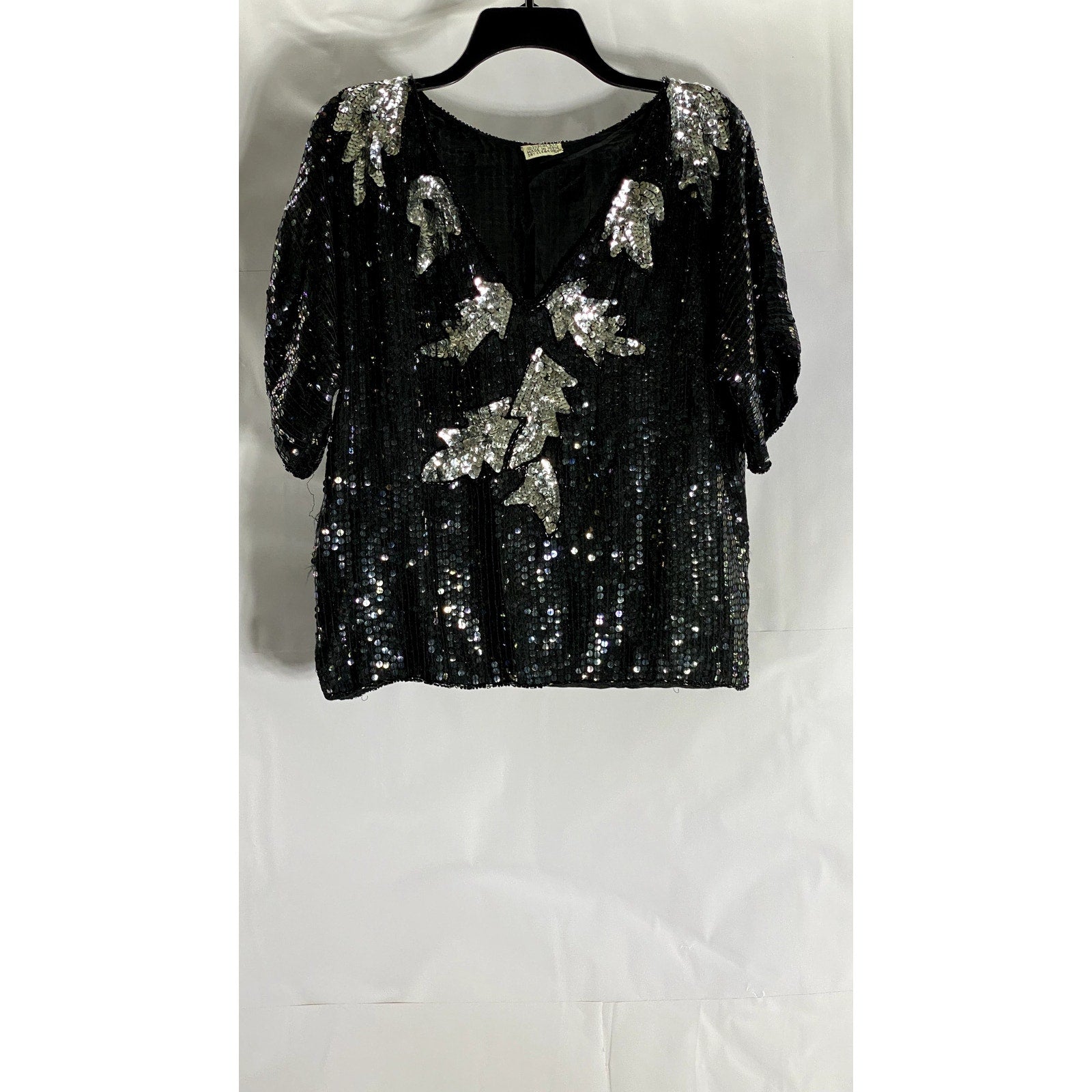 UNBRANDED Women's Vintage Black Sequin Embellished V-Neck Short Sleeve Top SZ S