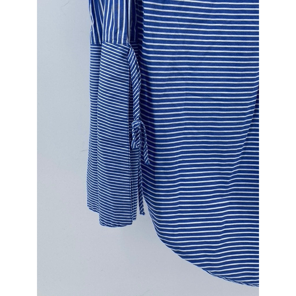 LOFT Women's Blue-White Striped Button-Up Round-Hem Long Sleeve Top SZ S
