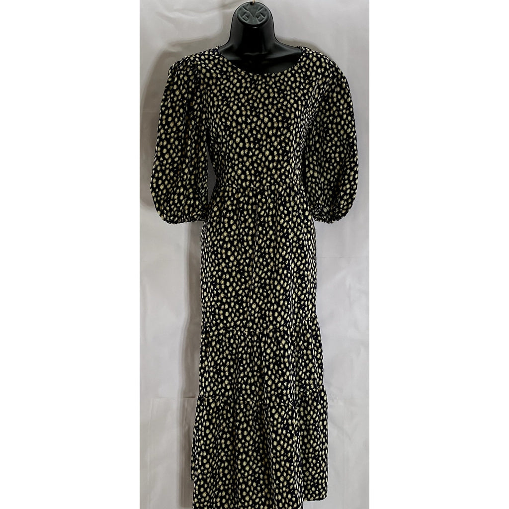 CALISTA Women's Navy Printed Crewneck Puff-Sleeve Tiered Midi Dress SZ L