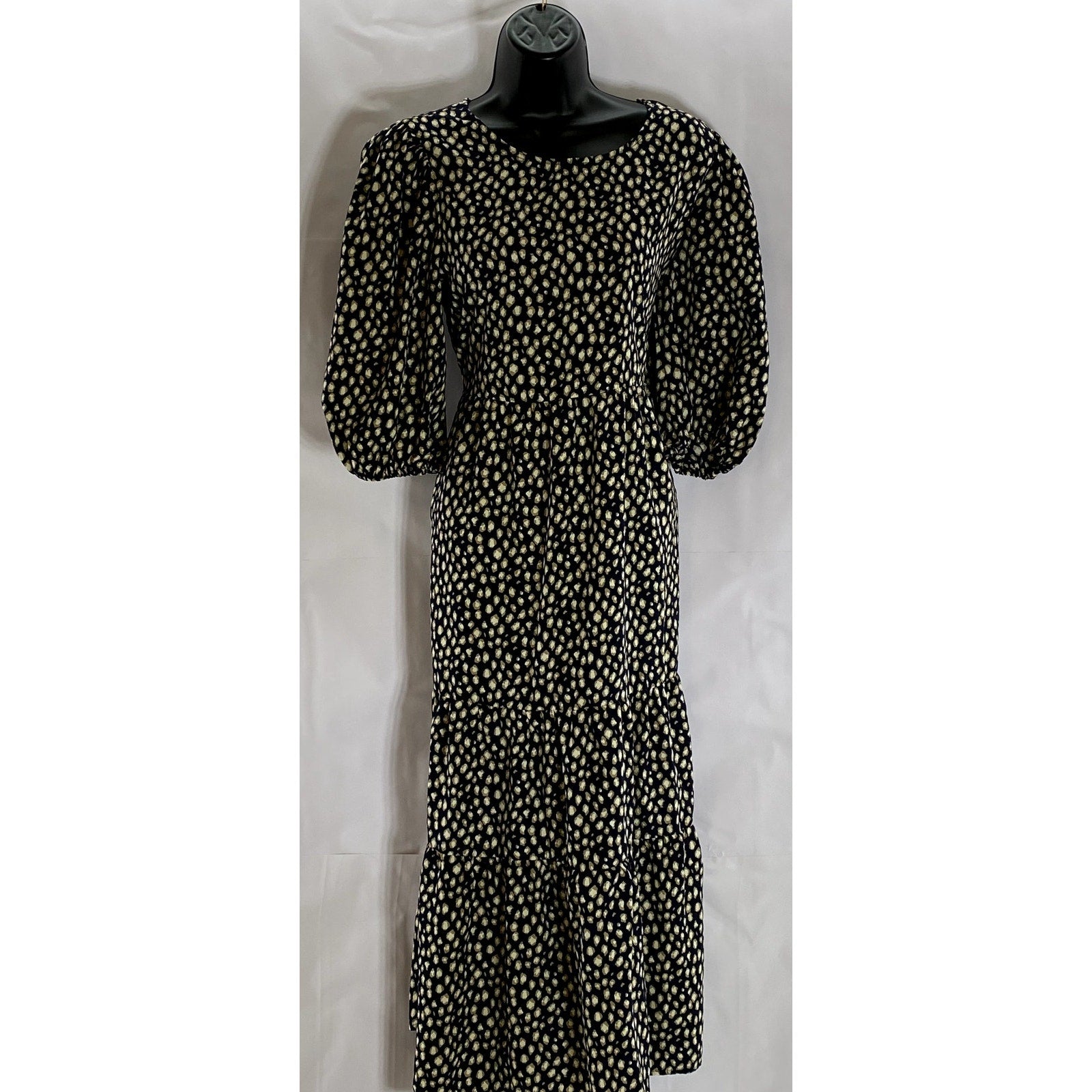 CALISTA Women's Navy Printed Crewneck Puff-Sleeve Tiered Midi Dress SZ L