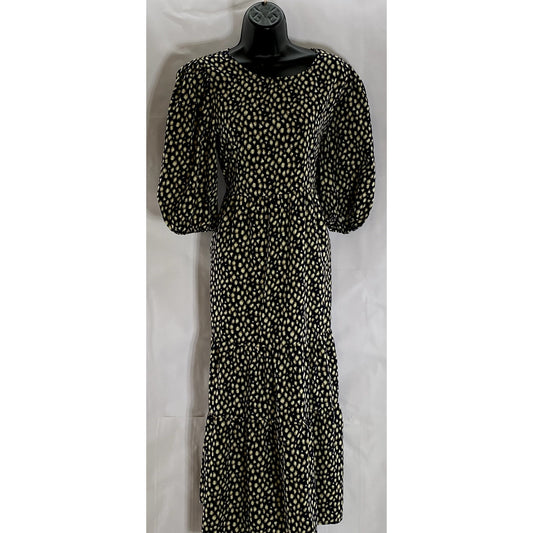 CALISTA Women's Navy Printed Crewneck Puff-Sleeve Tiered Midi Dress SZ L