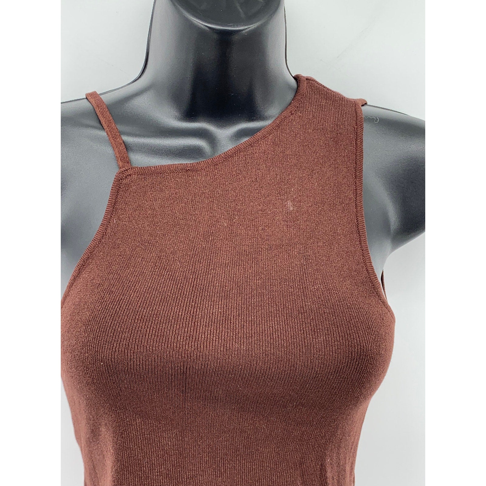 ZARA Women's Brown Ribbed High-Neck One-Sleeve Cropped Tank Top SZ S