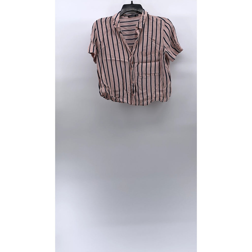 BERSHKA_BSKGIRL Women's Pink-Blue Striped Button-Up Short Sleeve Top SZ M