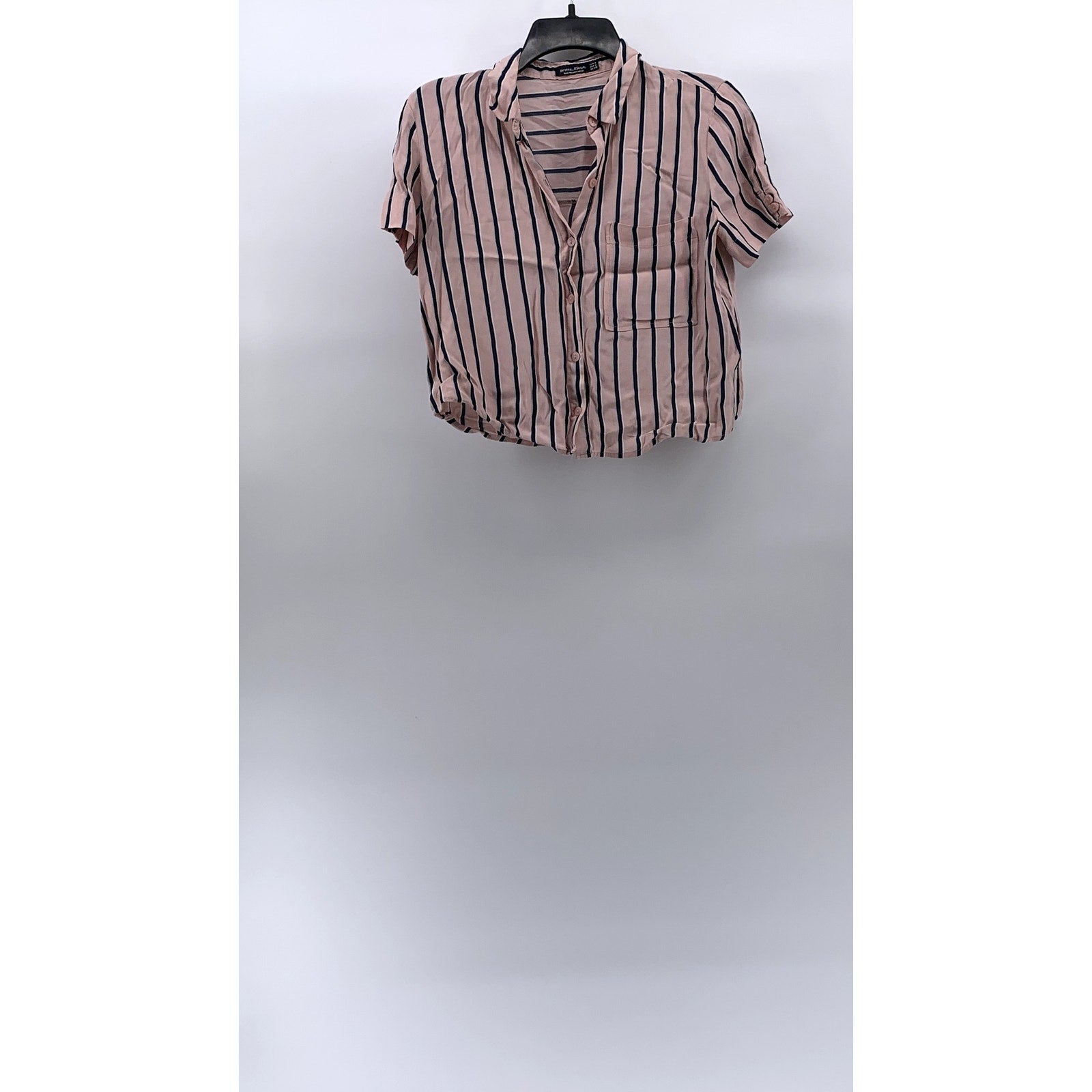 BERSHKA_BSKGIRL Women's Pink-Blue Striped Button-Up Short Sleeve Top SZ M