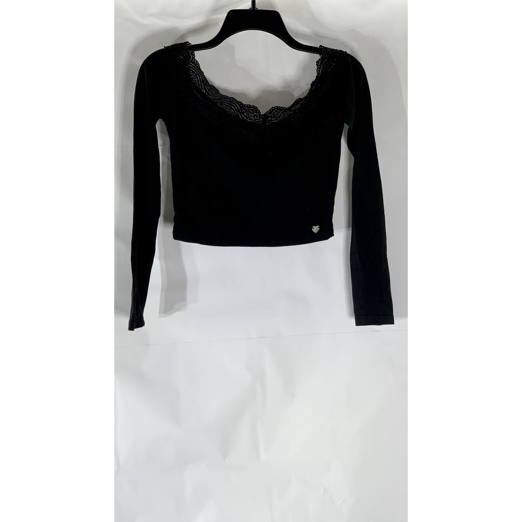 KENDALL & KYLIE Women's Crochet Trim Boat-Neck Long Sleeve Crop Top SZ S
