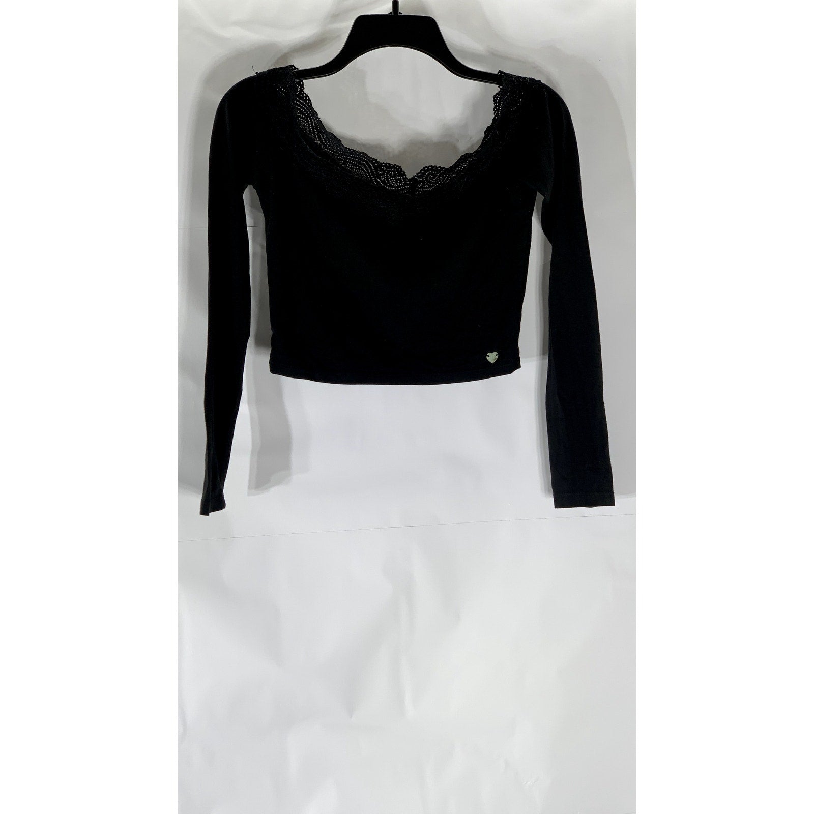 KENDALL & KYLIE Women's Crochet Trim Boat-Neck Long Sleeve Crop Top SZ S
