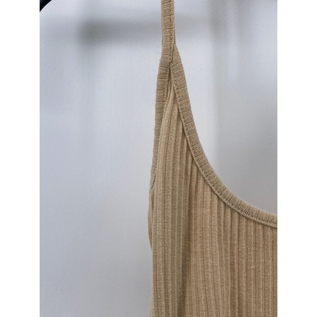 PRETTY LITTLE THINGS Women's Tan Ribbed Scoop-Neck Bodycon Mini Dress SZ 8