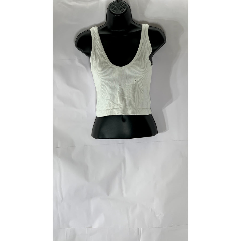 OUT FROM UNDER Women's White Ribbed Deep Scoop-Neck Cropped Tank Top SZ L