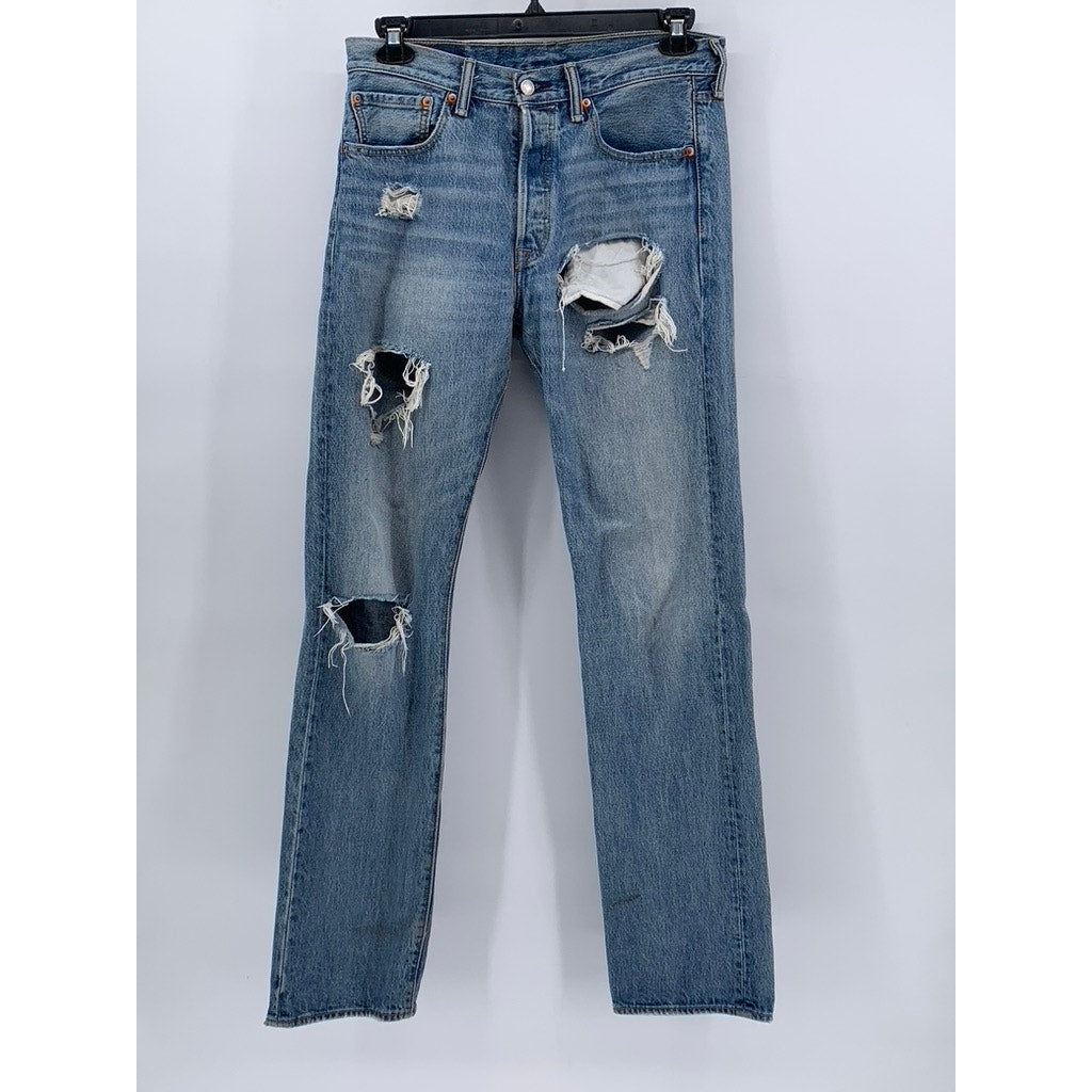 LEVI'S Men's Blue Distressed Denim 501 Original Fit Button-Fly Jeans SZ 31X34
