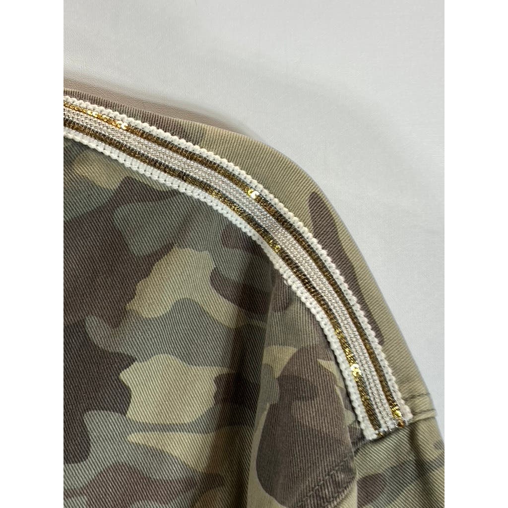 ZARA Z1975 DENIM Women's Green Camo Sequin Distressed Button-Up Jacket SZ M