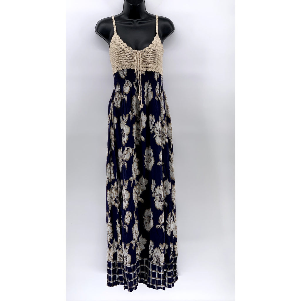 UNBRANDED Women's Blue Beige Printed Crochet Knit V-neck Maxi Dress SZ S