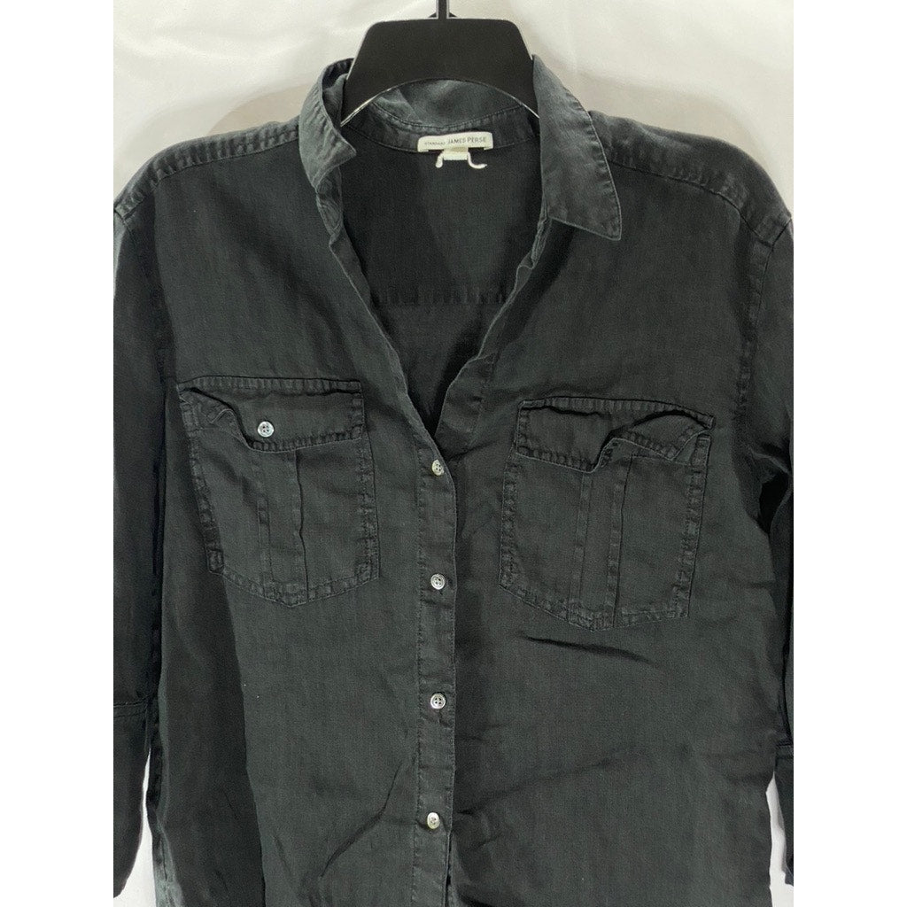 STANDARD JAMES PERSE Women's Black Linen Button-Up Long Sleeve Shirt SZ 1(S)